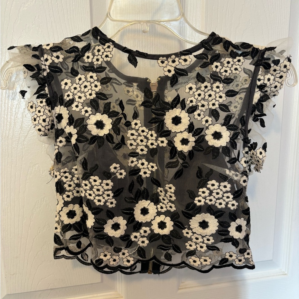 Lucy Paris Floral Sheer Black and White Crop Top with Zipper - Size Small
